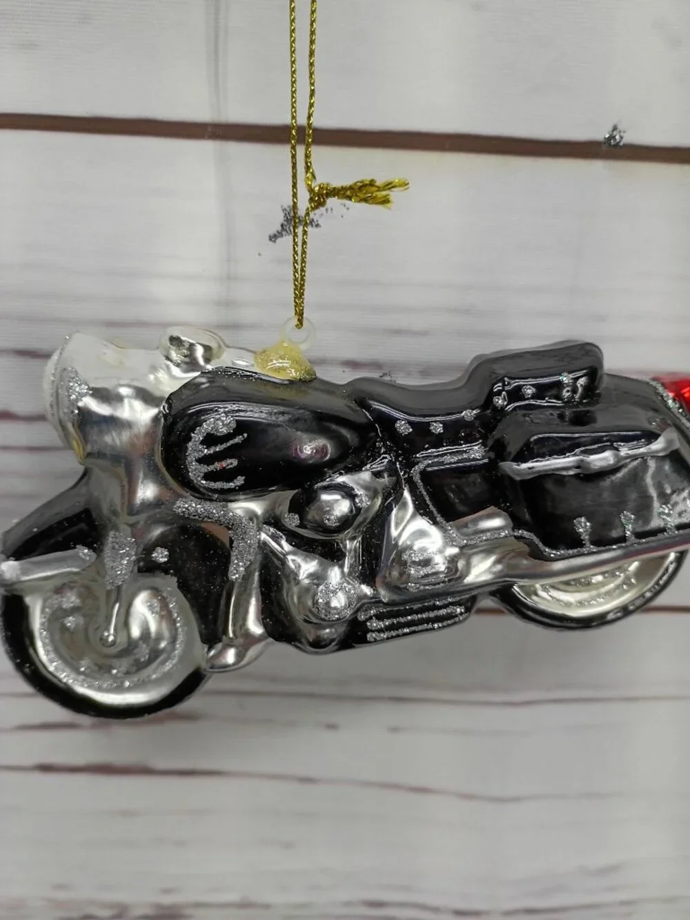 Motorcycle Ornament Glass Christmas Decoration Black & Silver Glitter Hanging Fi